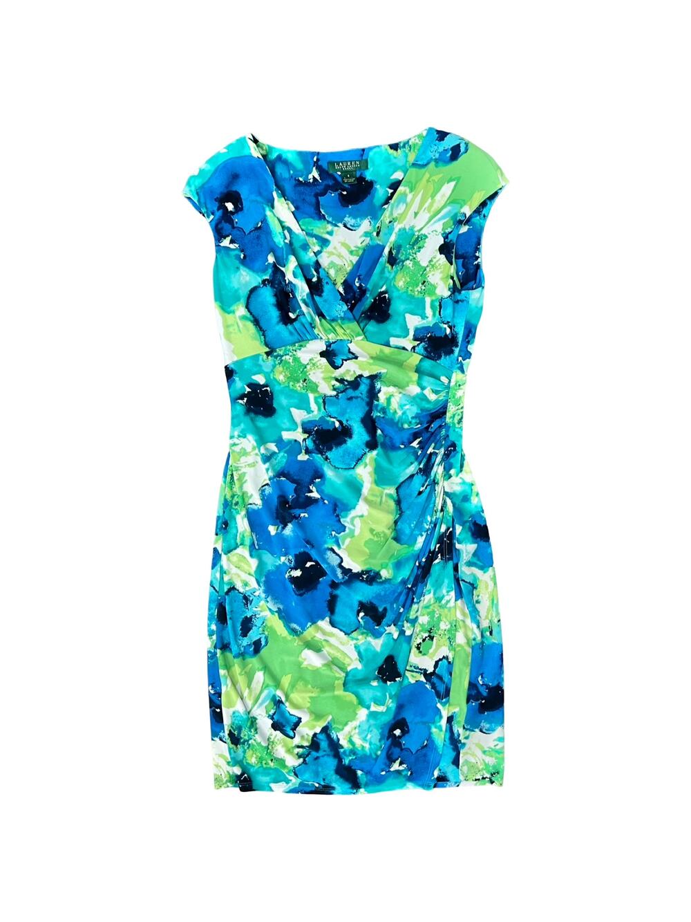 Lauren Ralph Lauren Blue Green Teal Floral Ruched Faux Wrap Sheath Dress Size 8